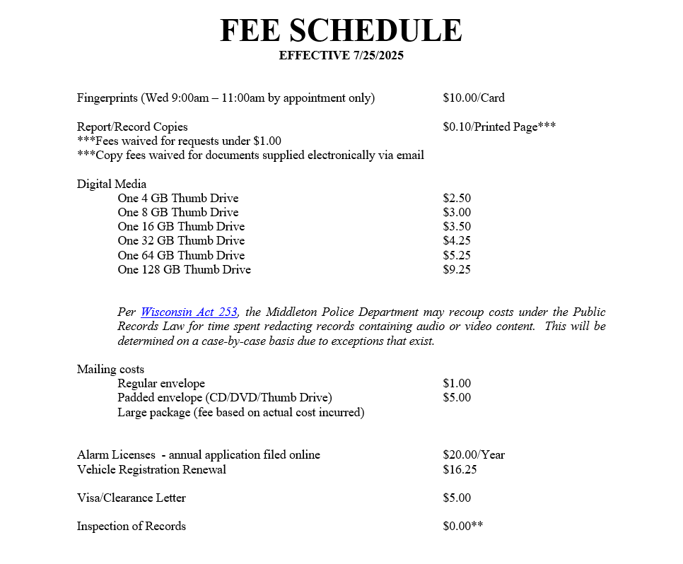 FEE SCHEDULE 7-25-25